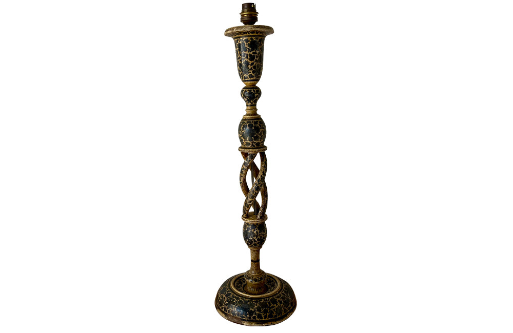 Pretty Kashmiri lamp base with original hand painted decoration throughout. Converted from a candlestick. India, circa 1930.