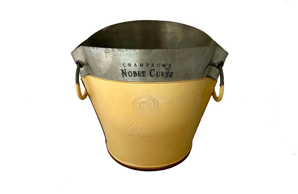 Large pewter champagne bucket encased in leather with ringed handles for Lanson Champagne