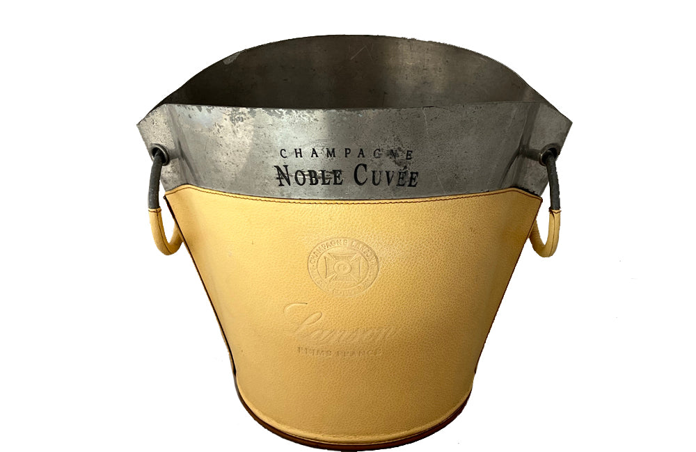 Large pewter champagne bucket encased in leather with ringed handles for Lanson Champagne