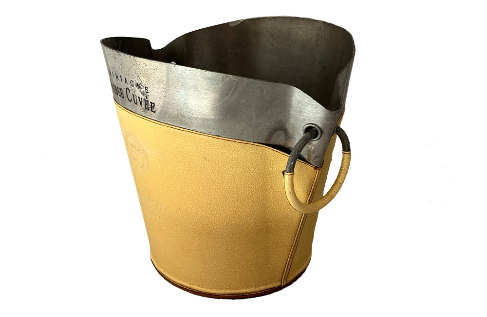 Large pewter champagne bucket encased in leather with ringed handles for Lanson Champagne