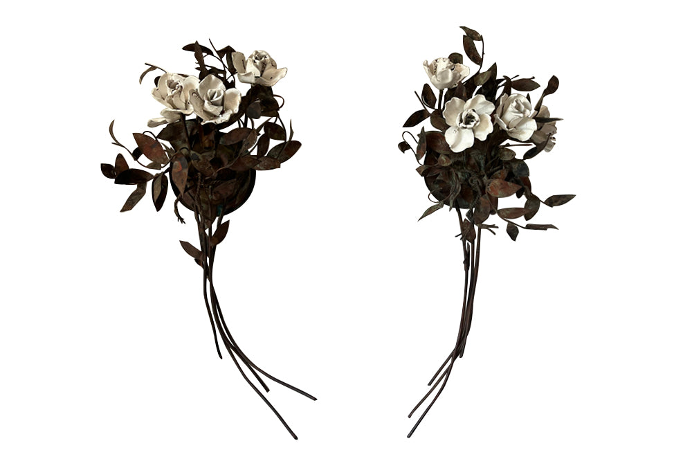 pair of large copper and enamel wall lights in the form of tied bunches of roses - AD & PS Antiques