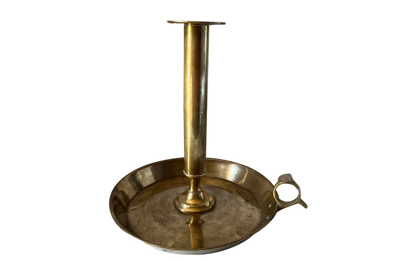 Large brass candle holder in the form of a French 'Rat de Cave' or cellar candlestickw ith adjustable height