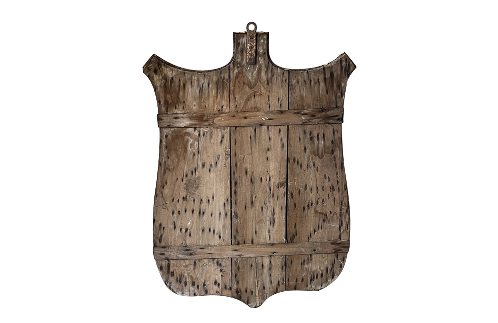 Large 19th Century Art Populaire twigwork folk art shield with iron horse tack hooks - French Antiques