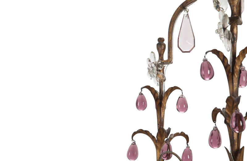 Beautiful early 20th century large gilt metal cage chandelier with clear and coloured glass drops, foliate embellishments and draped tassle motifs.