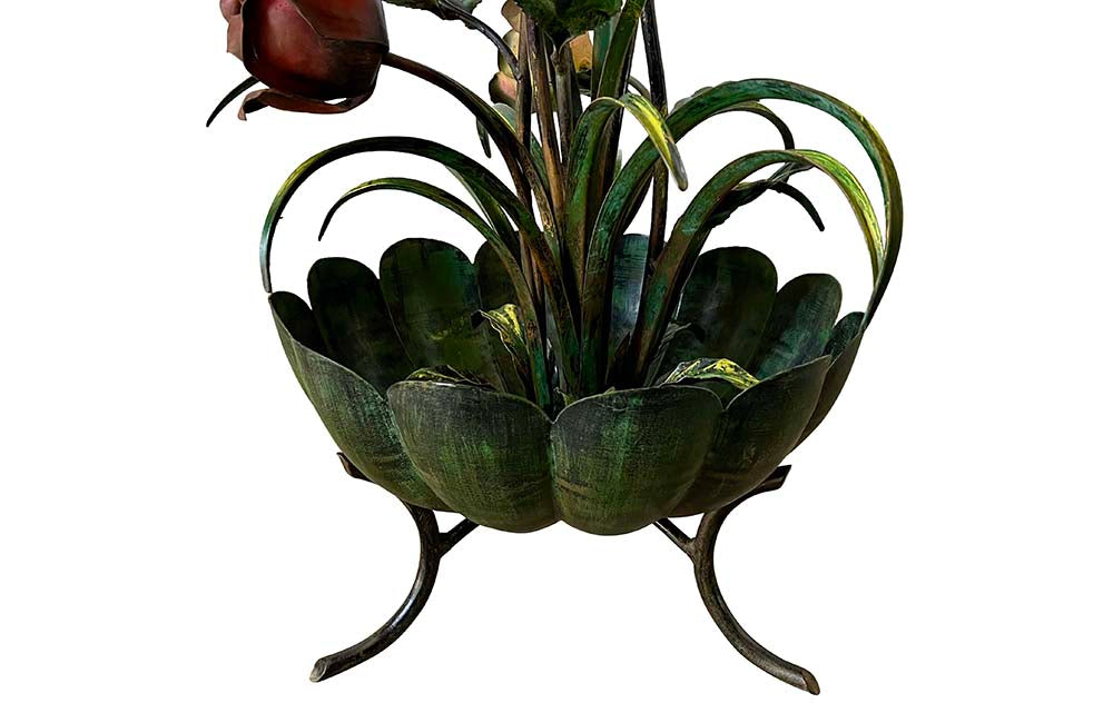 Fabulous vintage polychrome metal standard lamp in the form of a large bouquet of roses and foliage in a scalloped bowl terminating in recurved tripod feet., Mid 20th Century