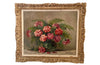 Large, French still life painting of a green vase filled with large pink blooms of peonies.