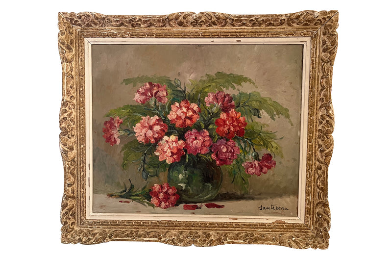 Large, French still life painting of a green vase filled with large pink blooms of peonies.