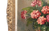 Large, French still life painting of a green vase filled with large pink blooms of peonies.