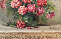 Large, French still life painting of a green vase filled with large pink blooms of peonies.