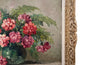 Large, French still life painting of a green vase filled with large pink blooms of peonies.