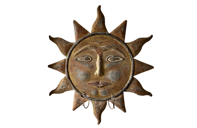 Large stunning gilt tole sun with face and two iron candle holder wall light applique