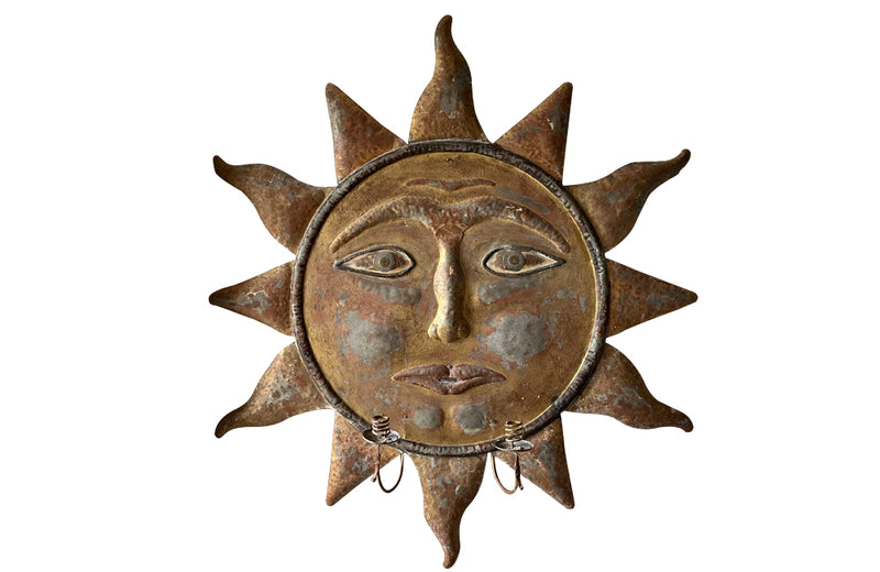 Large stunning gilt tole sun with face and two iron candle holder wall light applique