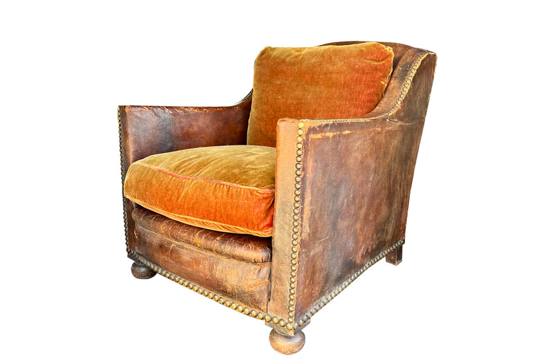 Large 19th century French leather club chair with orange velvet seat & back cushion. - Antique French Furniture