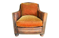 Large 19th century French leather club chair with orange velvet seat & back cushion. - Antique French Furniture