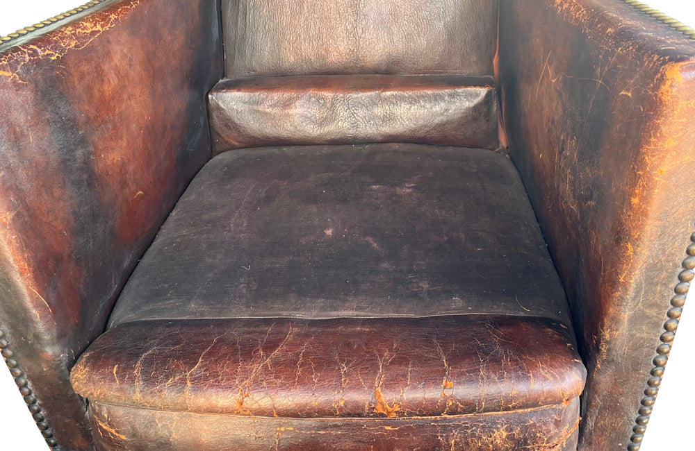 Large 19th century French leather club chair with orange velvet seat & back cushion. - Antique French Furniture