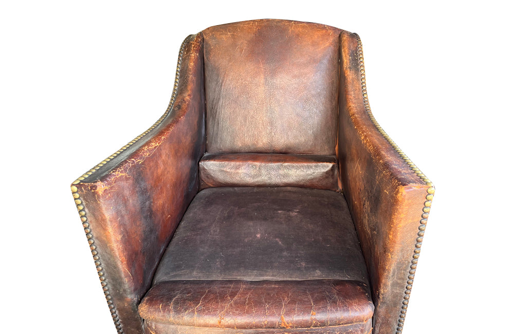 Large 19th century French leather club chair with orange velvet seat & back cushion. - Antique French Furniture