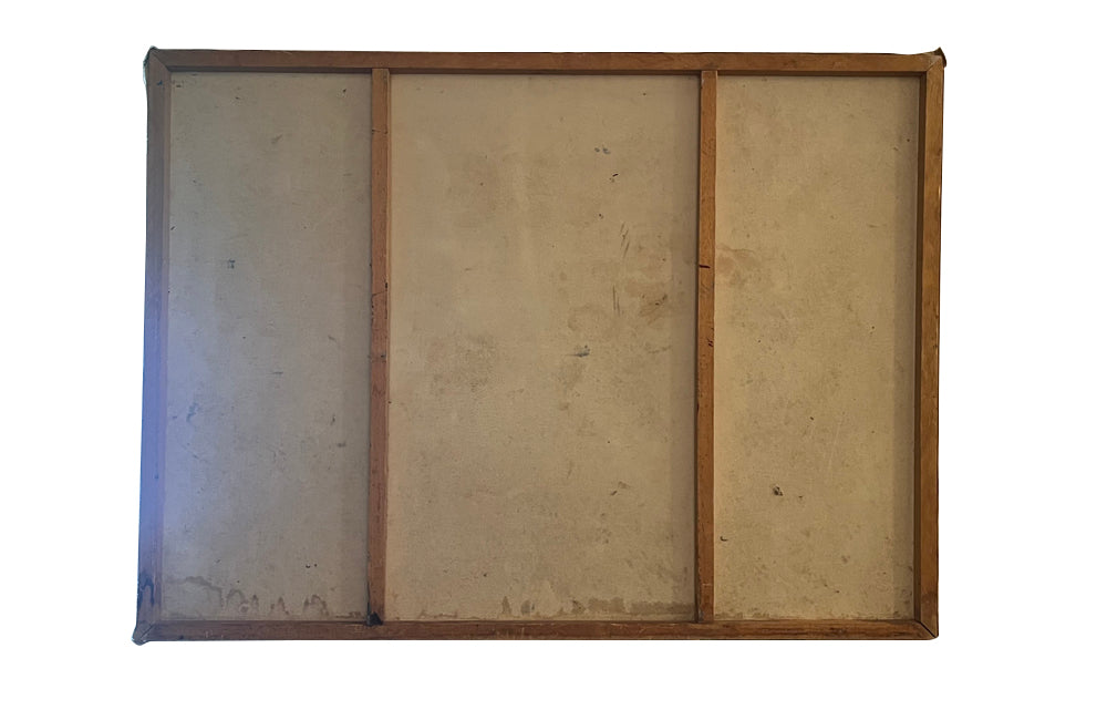 Large mid-20th century colourful French still life painting of a raised bowl of apples and jug on a blue draped cloth.