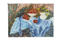 Large mid-20th century colourful French still life painting of a raised bowl of apples and jug on a blue draped cloth.