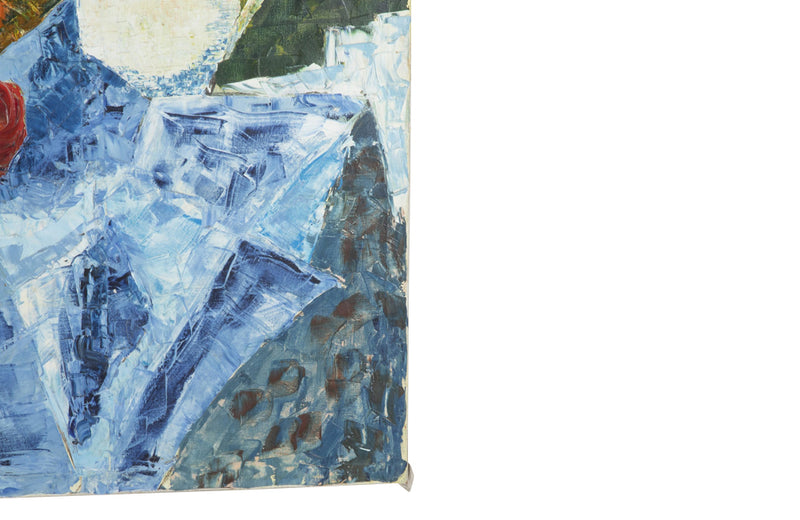 Large mid-20th century colourful French still life painting of a raised bowl of apples and jug on a blue draped cloth.