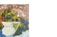 Large mid-20th century colourful French still life painting of a raised bowl of apples and jug on a blue draped cloth.