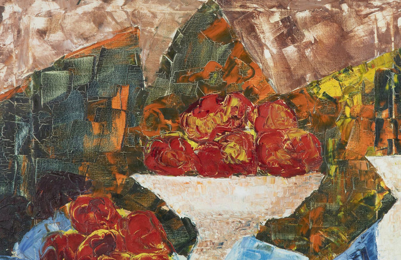 Large mid-20th century colourful French still life painting of a raised bowl of apples and jug on a blue draped cloth.