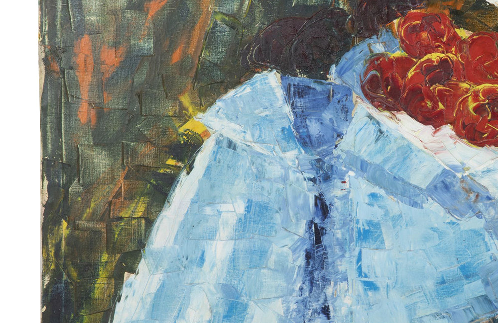 Large mid-20th century colourful French still life painting of a raised bowl of apples and jug on a blue draped cloth.