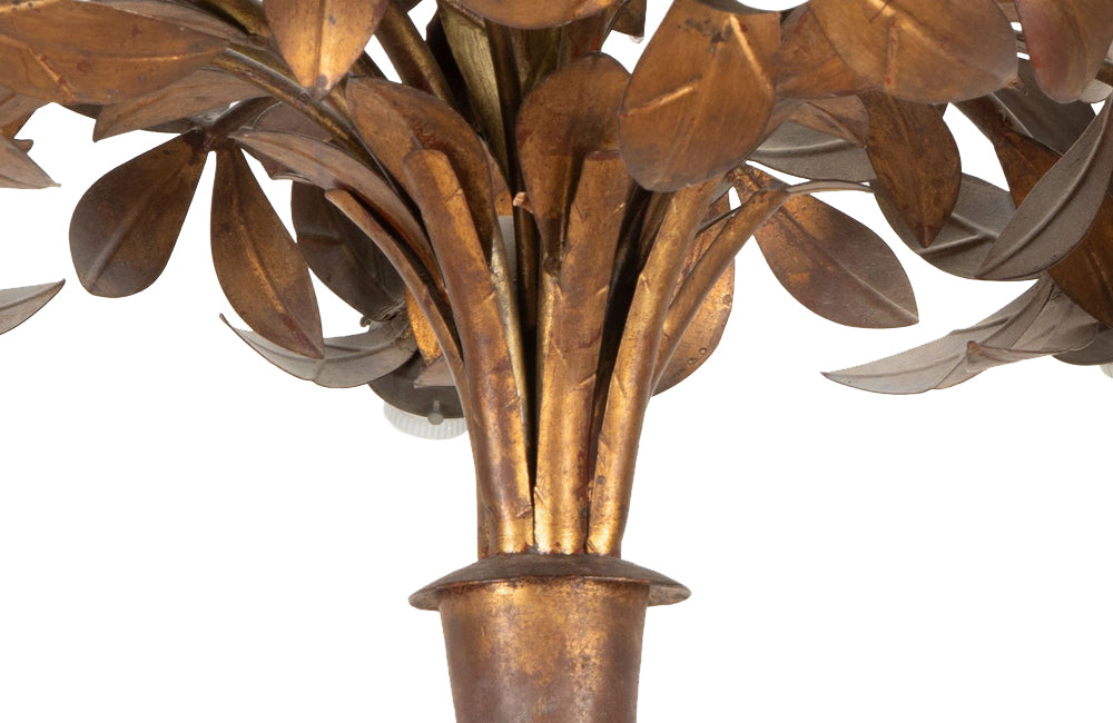 Large mid-century gilt metal Spanish hanging light with floral and foliate decoration.