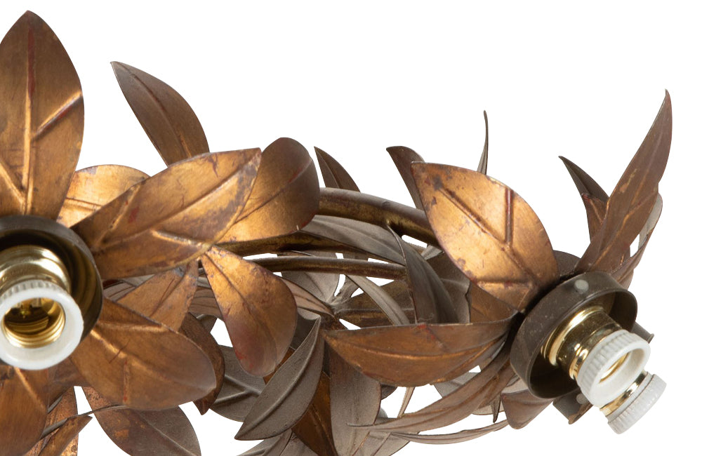 Large mid-century gilt metal Spanish hanging light with floral and foliate decoration.