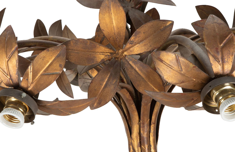 Large mid-century gilt metal Spanish hanging light with floral and foliate decoration.