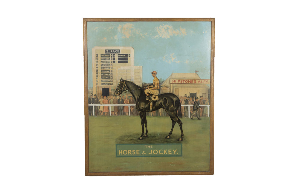 Large mid-20th Century English painted pub sign titled 'The Horse and Jockey'. Signed by the artist, S.Brewin 