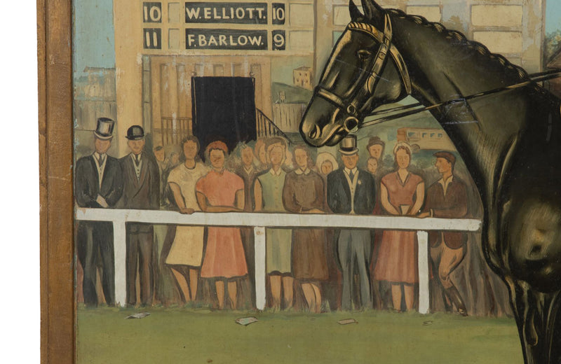 Large mid-20th Century English painted pub sign titled 'The Horse and Jockey'. Signed by the artist, S.Brewin 