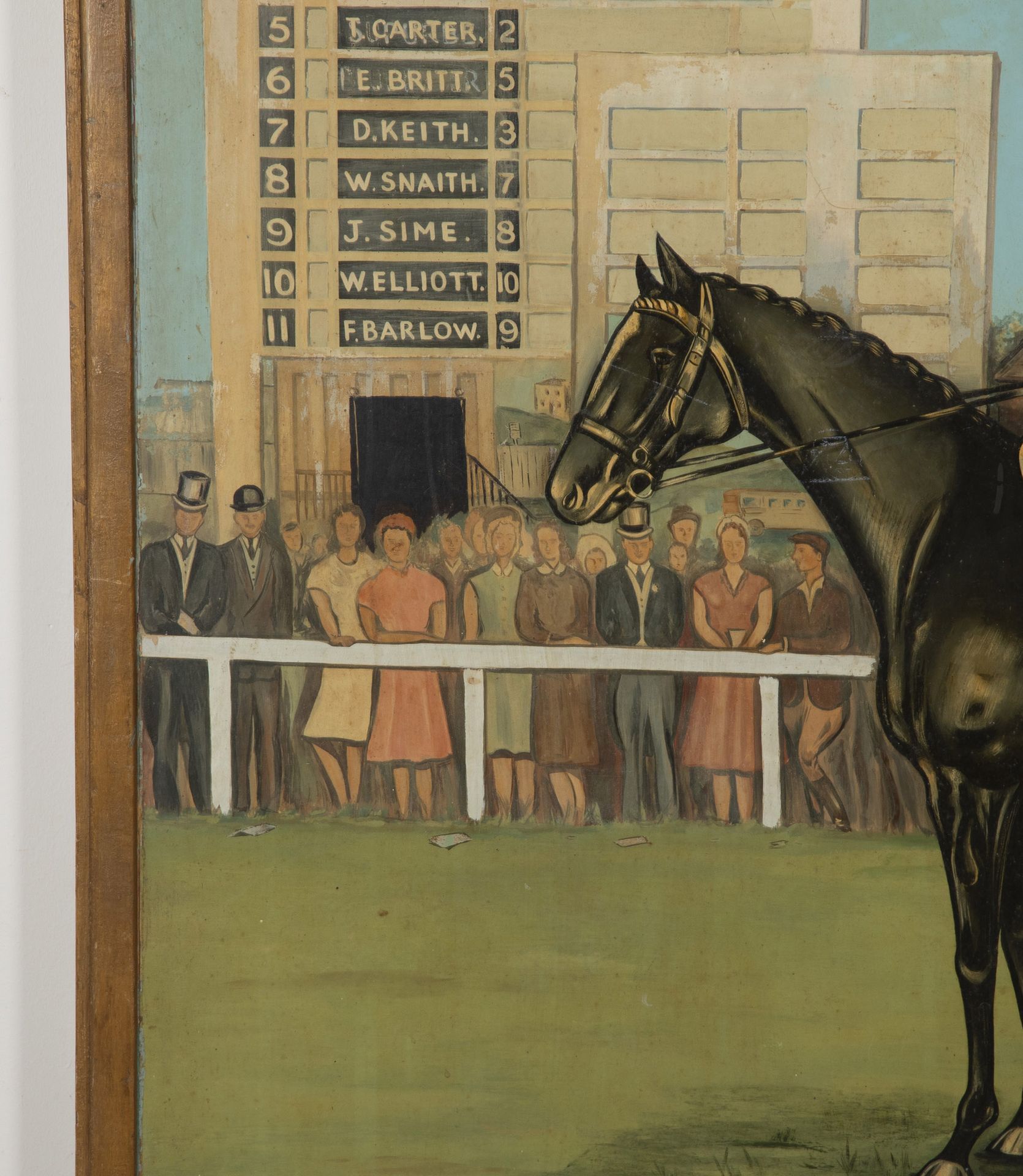 Large mid-20th Century English painted pub sign titled 'The Horse and Jockey'. Signed by the artist, S.Brewin 