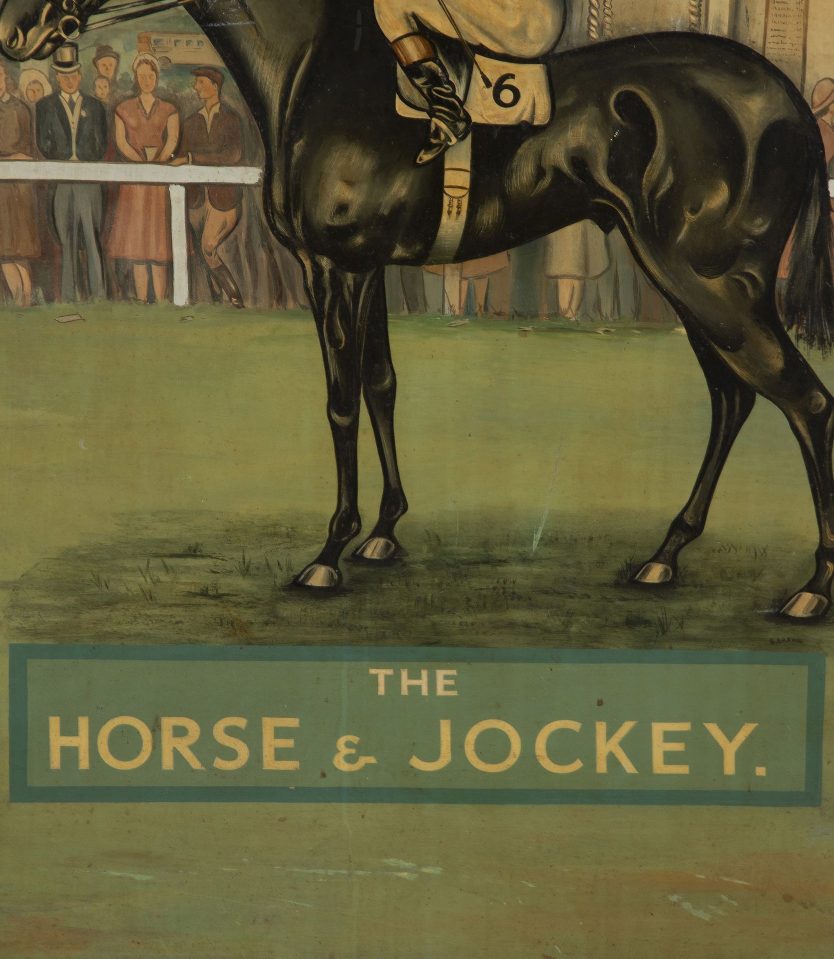 Large mid-20th Century English painted pub sign titled 'The Horse and Jockey'. Signed by the artist, S.Brewin 