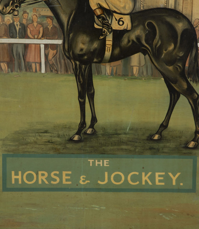 Large mid-20th Century English painted pub sign titled 'The Horse and Jockey'. Signed by the artist, S.Brewin 