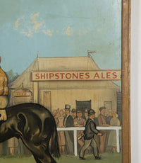 Large mid-20th Century English painted pub sign titled 'The Horse and Jockey'. Signed by the artist, S.Brewin 