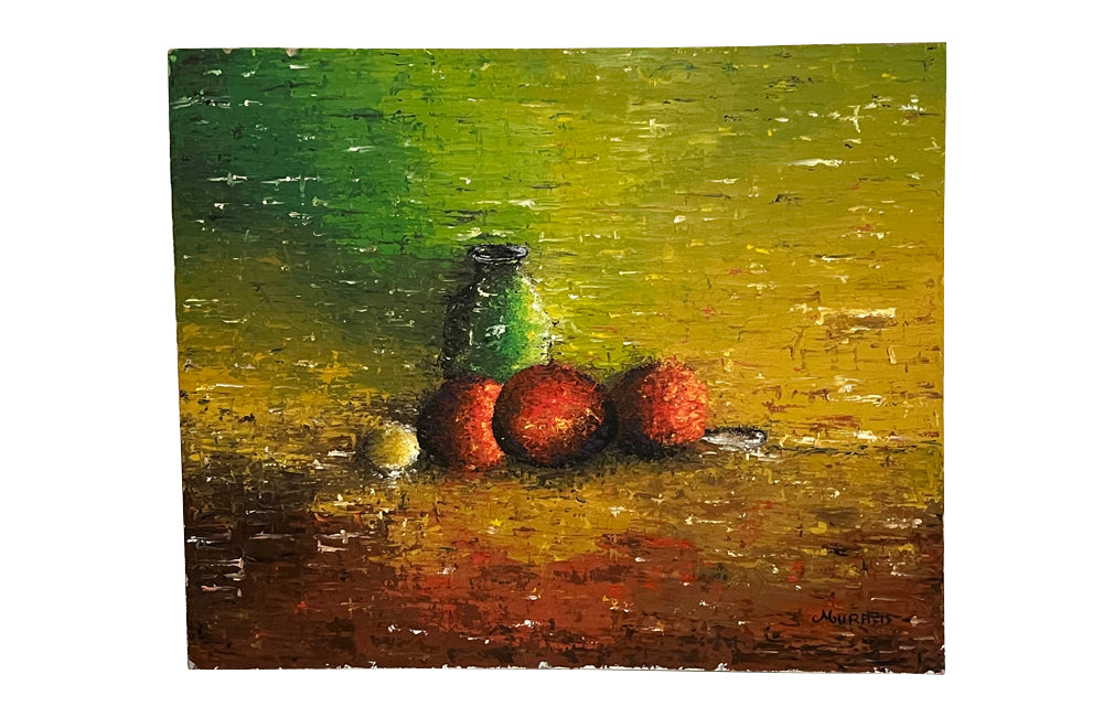 Large, colouful oil on canvas expressionist style still life painting. Mid 20th century