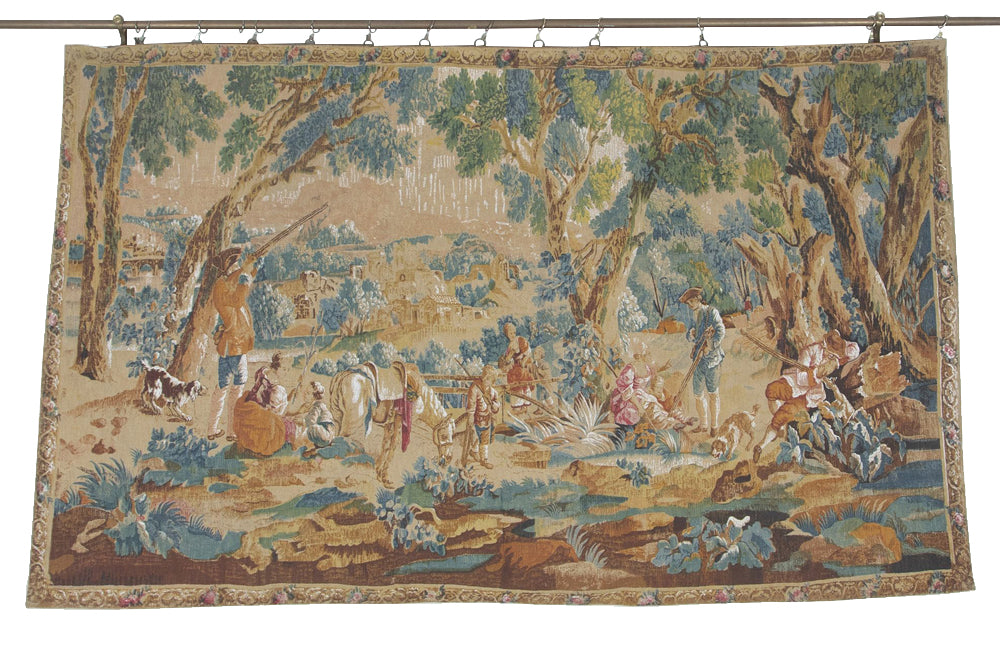 Large 20th Century French screen printed tapestry 'La Halte Des Chasseurs' 