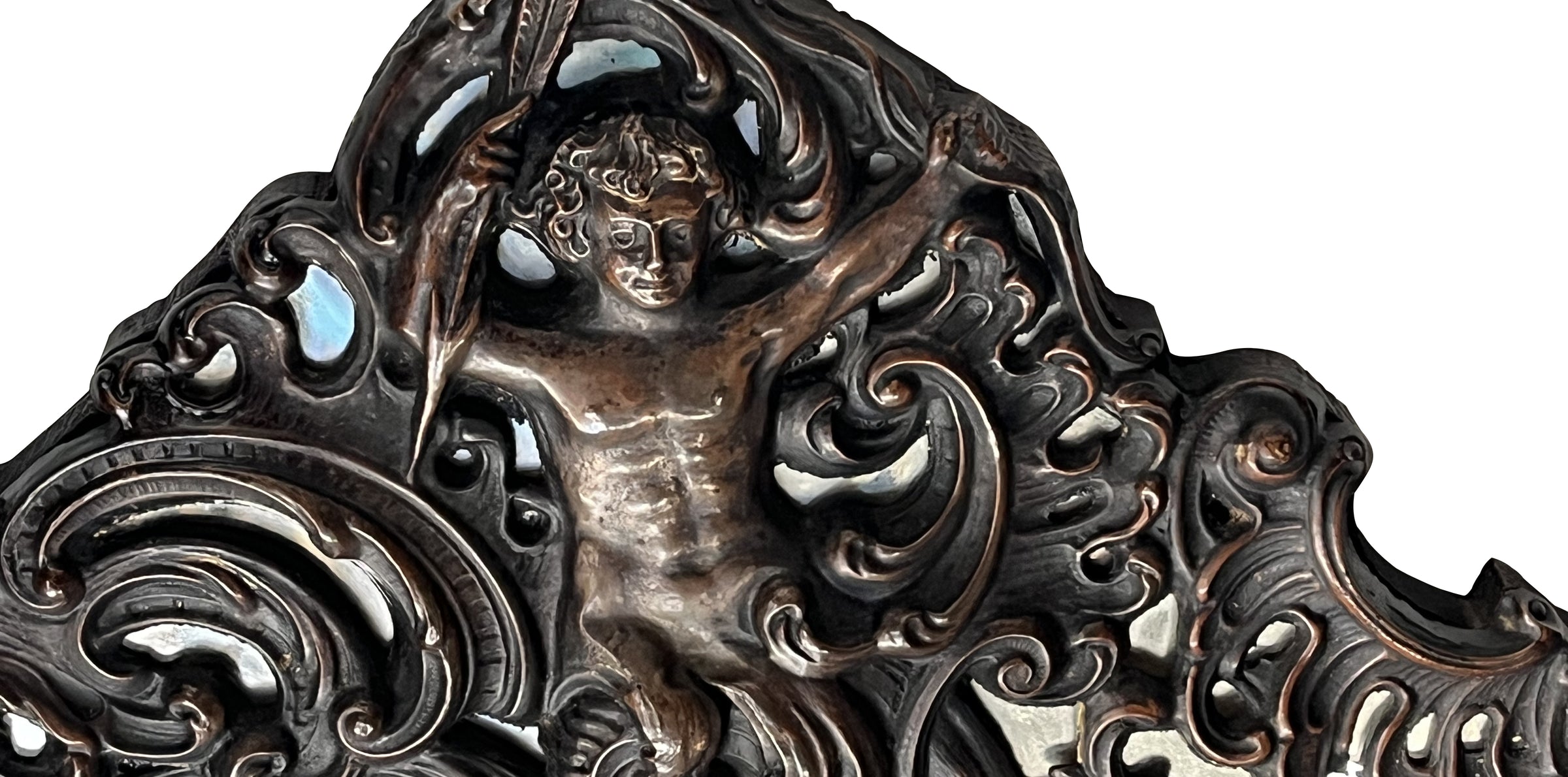 Early 20th Century French Repoussé Brass Cushion Mirror with Cupid Crest