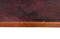 Large Mid-Century French oil on canvas painting of a seated female in gartered stockings wearing a pink satin and lace slip signed by the artist Jean Perret to the lower left in a simple wooden frame