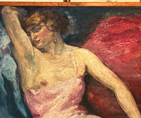 Large Mid-Century French oil on canvas painting of a seated female in gartered stockings wearing a pink satin and lace slip signed by the artist Jean Perret to the lower left in a simple wooden frame