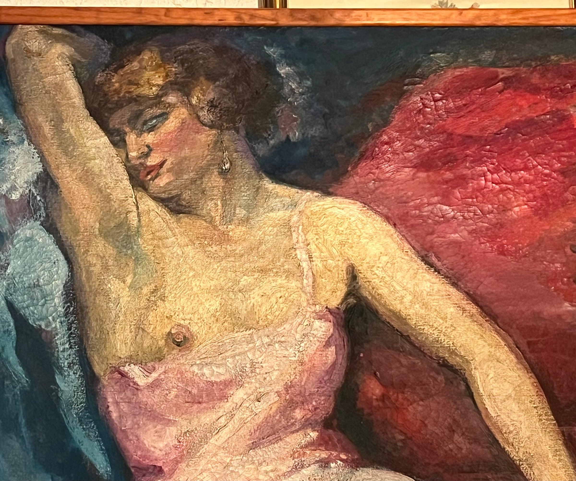 Large Mid-Century French oil on canvas painting of a seated female in gartered stockings wearing a pink satin and lace slip signed by the artist Jean Perret to the lower left in a simple wooden frame