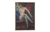 Large Mid-Century French oil on canvas painting of a seated female in gartered stockings wearing a pink satin and lace slip signed by the artist Jean Perret to the lower left in a simple wooden frame