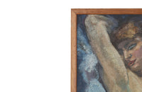 Large Mid-Century French oil on canvas painting of a seated female in gartered stockings wearing a pink satin and lace slip signed by the artist Jean Perret to the lower left in a simple wooden frame