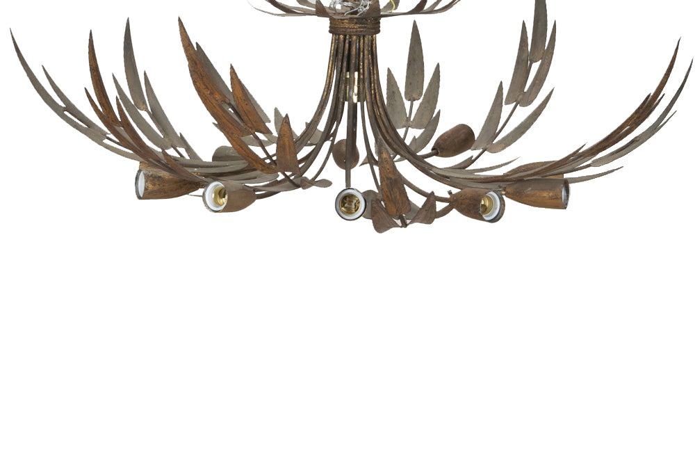Large Mid-Century Spanish foliate ceiling light with eight branched bulb holders.