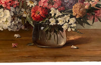 Beautiful still life painting of a bouquet of colourful flowers in a glass vase signed by the artist to the lower right Erich Müller