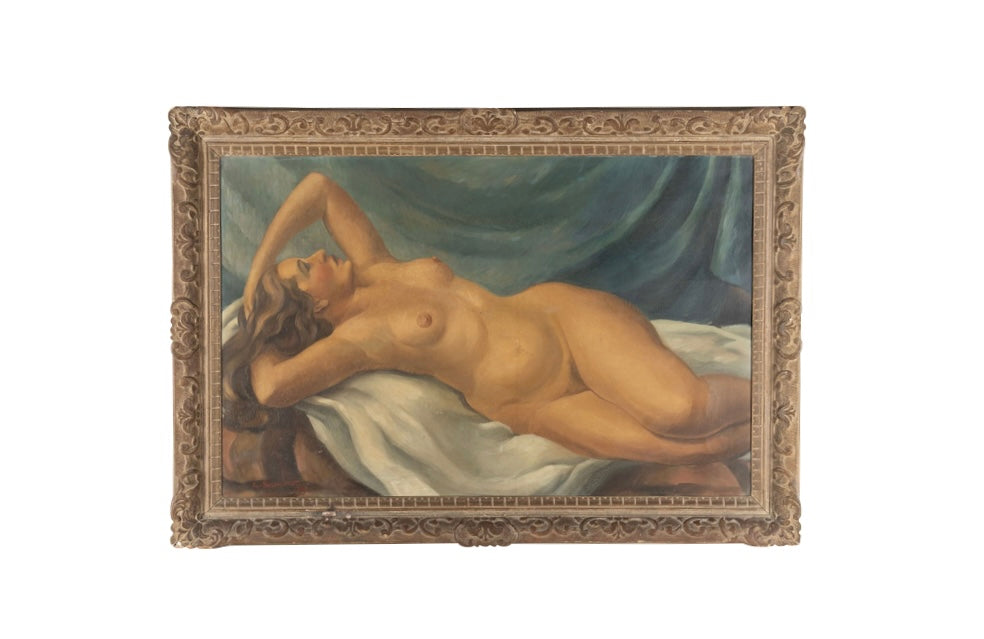 LARGE PAINTING OF A RECLINING NUDE FEMALE FIGURE BY G. BESANCENOT