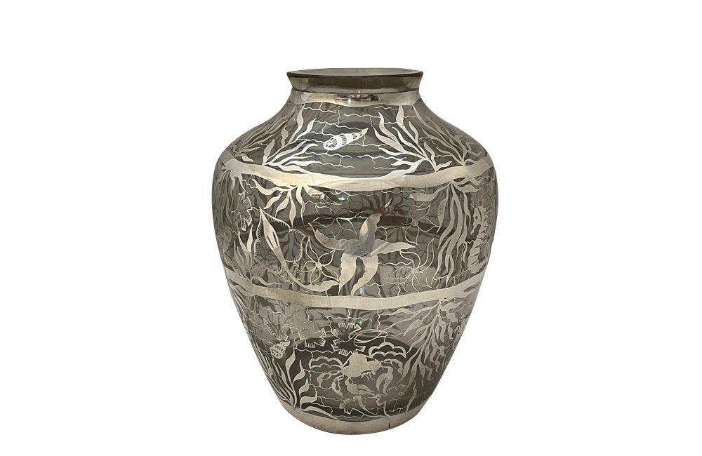 Beautiful mid century crystal vase with silver overlay by the renown French glass makers Saint Graal.