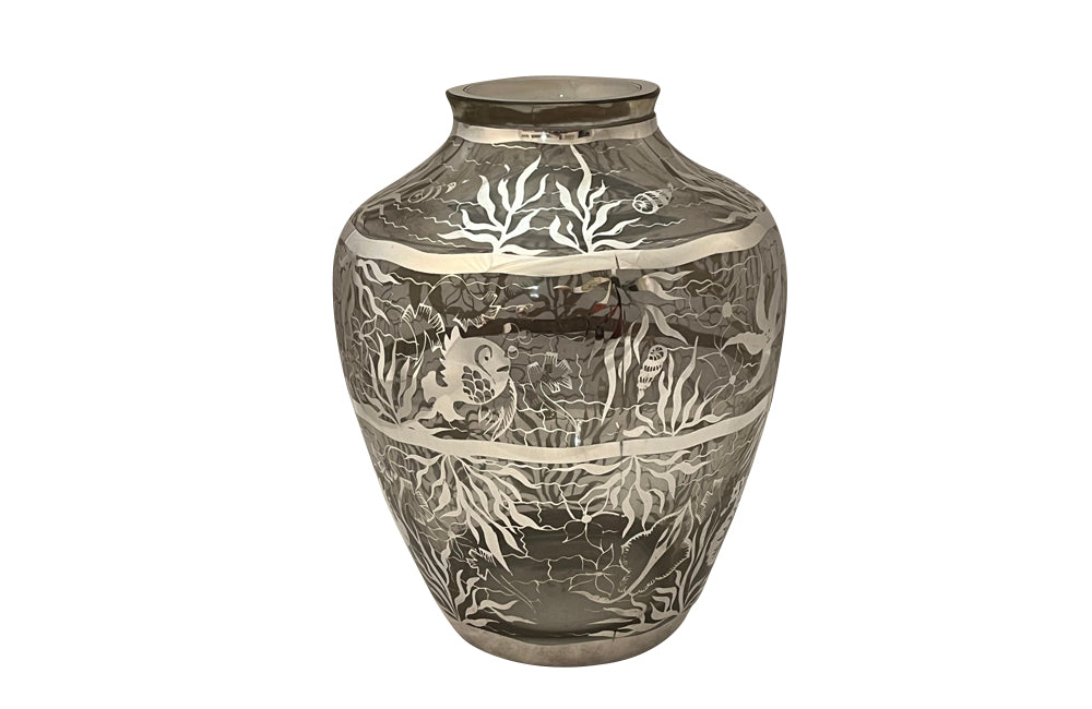 Beautiful mid century crystal vase with silver overlay by the renown French glass makers Saint Graal.