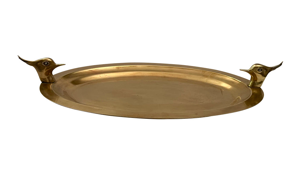 Large Mid-Century French Brass Oval Tray with Lapwing Handles