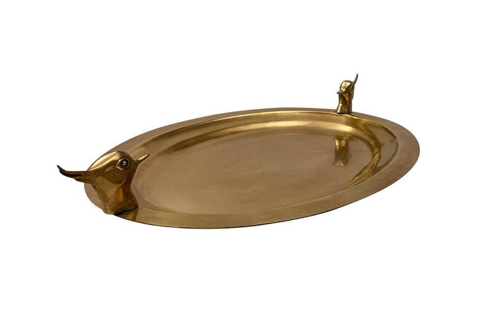 Large Mid-Century French Brass Oval Tray with Lapwing Handles